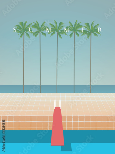 Summer retro artistic minimalistic vector poster template with palms, sea, beach, swimming pool and jump.