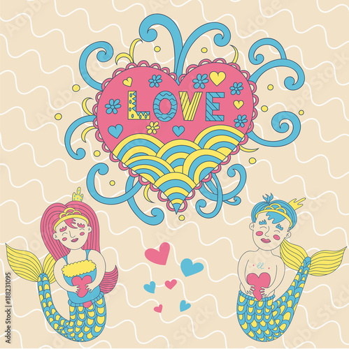 greeting card happy Valentines day  a cute pair of mermaids vector illustration
