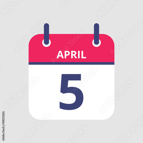 Flat icon calendar 5th of April isolated on gray background. Vector illustration.