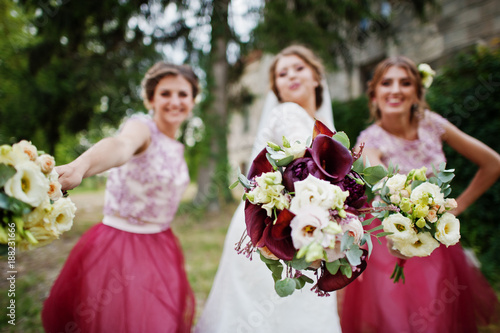 Happy bride and outgoing bridesmaids having fun on the wedding day next to a castle.