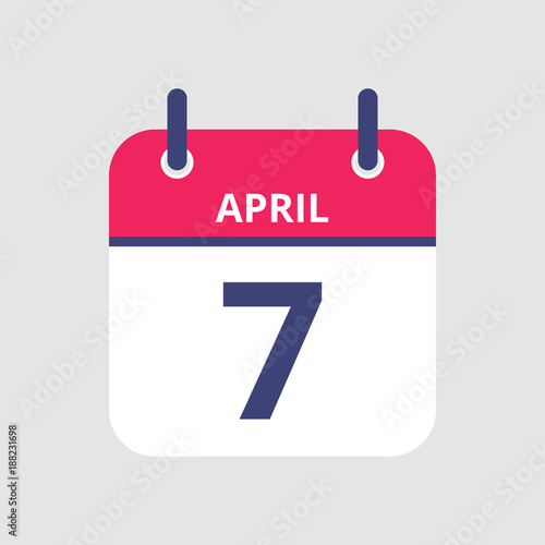 Flat icon calendar 7th of April isolated on gray background. Vector illustration.