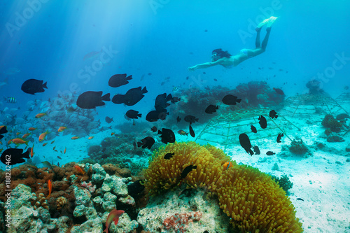 Die bunte Unterwasserwelt der Tropen mit Schnorchelerin und Korallen in den Malediven