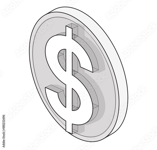 Outlined dollar coin, isometric perspective. Modern symbol, cryptocurrency, minimalist gray stylization. Graphic icon of USA currency, investing. Three dimensional buck mark. Vector illustration.