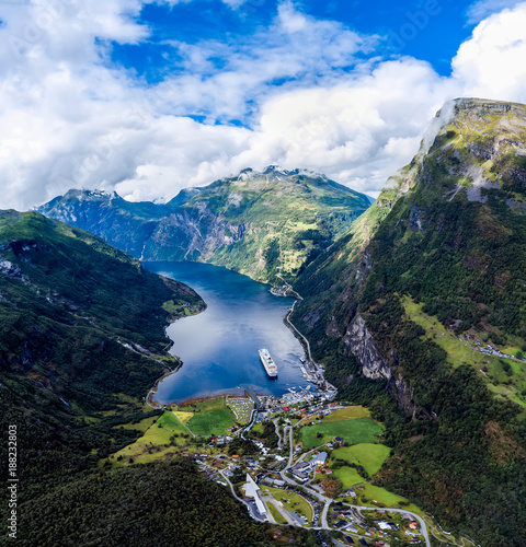 Geiranger fjord, Norway aerial photography.