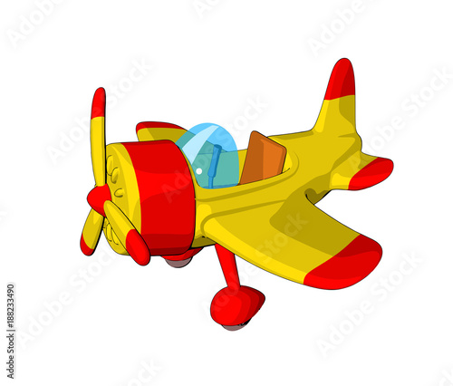 toy airplane caricature deformed yellow red model technique retro style cartoon white background isolate 
