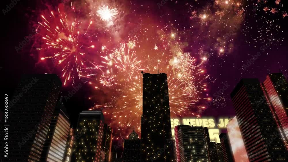 Seamless looping 3d animated skyline with fireworks in the sky and the