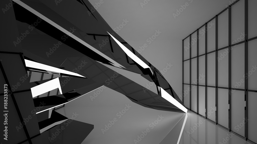 Abstract white and black interior multilevel public space with window. 3D illustration and rendering. Abstract white and black interior multilevel public space with window. 3D illustration and rendering.