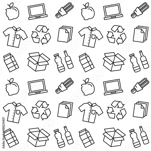 Recycle things vector illustration. Recyclable goods (clothes, lamp, cardboard box, electronics, bottles, food, paper, packaging) line art pattern with recycle sign on the background.