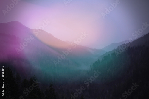 Colorful Sunlight Blurs of Pink and Green Landscape Photo of Smokey Mountains
