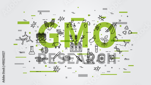 GMO research vector illustration with colorful elements. Genetically modified organism (GMO) line art concept.