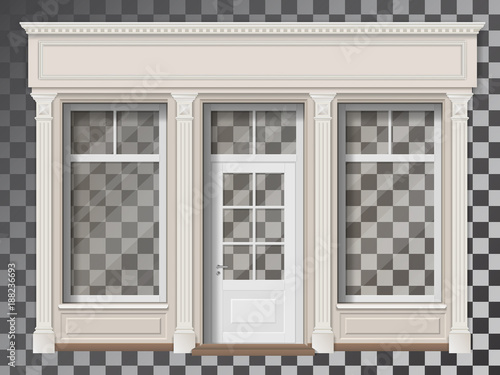 Traditional small shop facade with large window and columns. Front view.  Showcase with transparent glass, easily change exhibition.