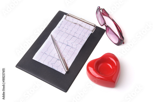 RX prescription, Red heart, asorted pils and a stethoscope on white background photo