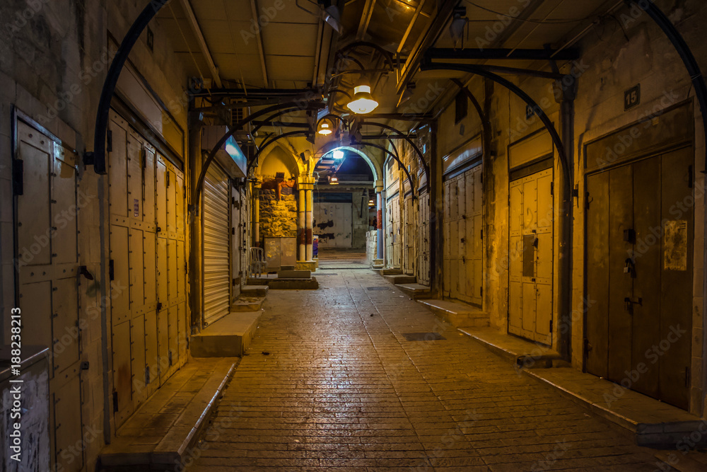 empty bazaar alley in Nazareth at night