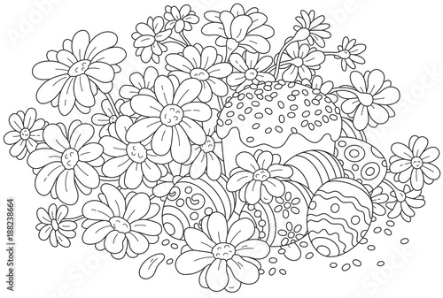 Festively decorated Easter cake and painted eggs with flowers, a black and white vector illustration for a coloring book