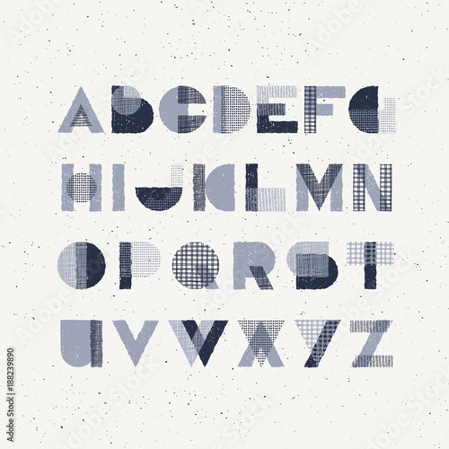 Rubber stamp effect geometry shapes and hand drawn textures decorative uppercase font, vector monochromatic graphical latin type.