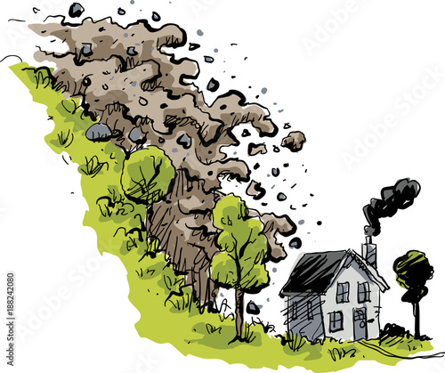 A sudden mudslide of dirt and rock falls towards a small house at the bottom of a hill.
