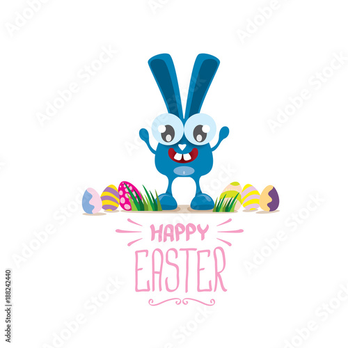 vector happy easter greeting card with color eggs  funny easter bunny and hand drawn text isolated on white background. vector spring easter background