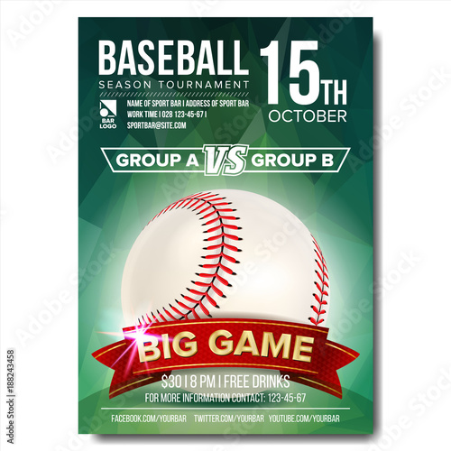 Baseball Poster Vector. Baseball Ball. Design For Sport Bar Promotion. Baseball Club, Academy Flyer. Invitation Illustration