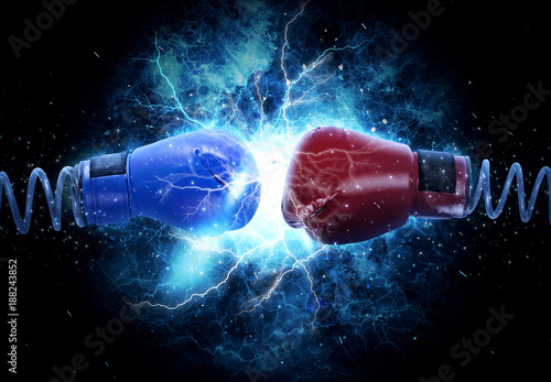 Boxing gloves hangs on electricity light background © Andrey Burmakin