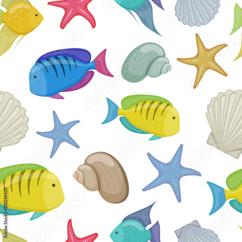 Seamless pattern of tropical sea fishes, cartoon illustration of beach summer background. Vector