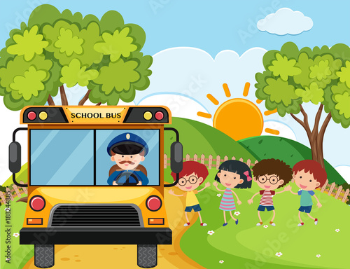 School bus with kids and driver on the hills