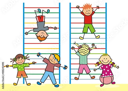 Kids in the gym on the ladders, vector icon