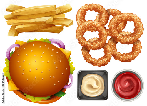 Different types of fastfood on white background