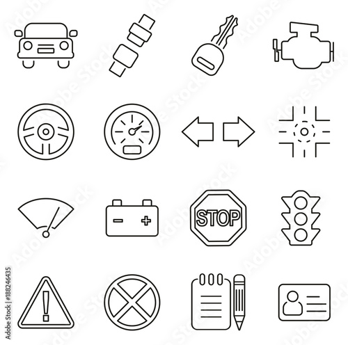 Driving School or Drivers Test Icons Thin Line Vector Illustration Set