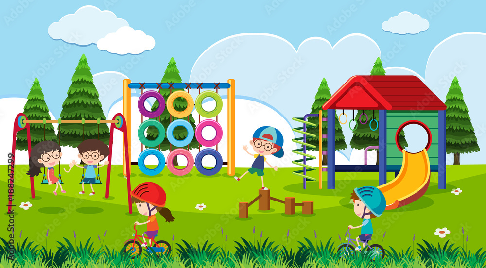 Playground scene with happy children at daytime