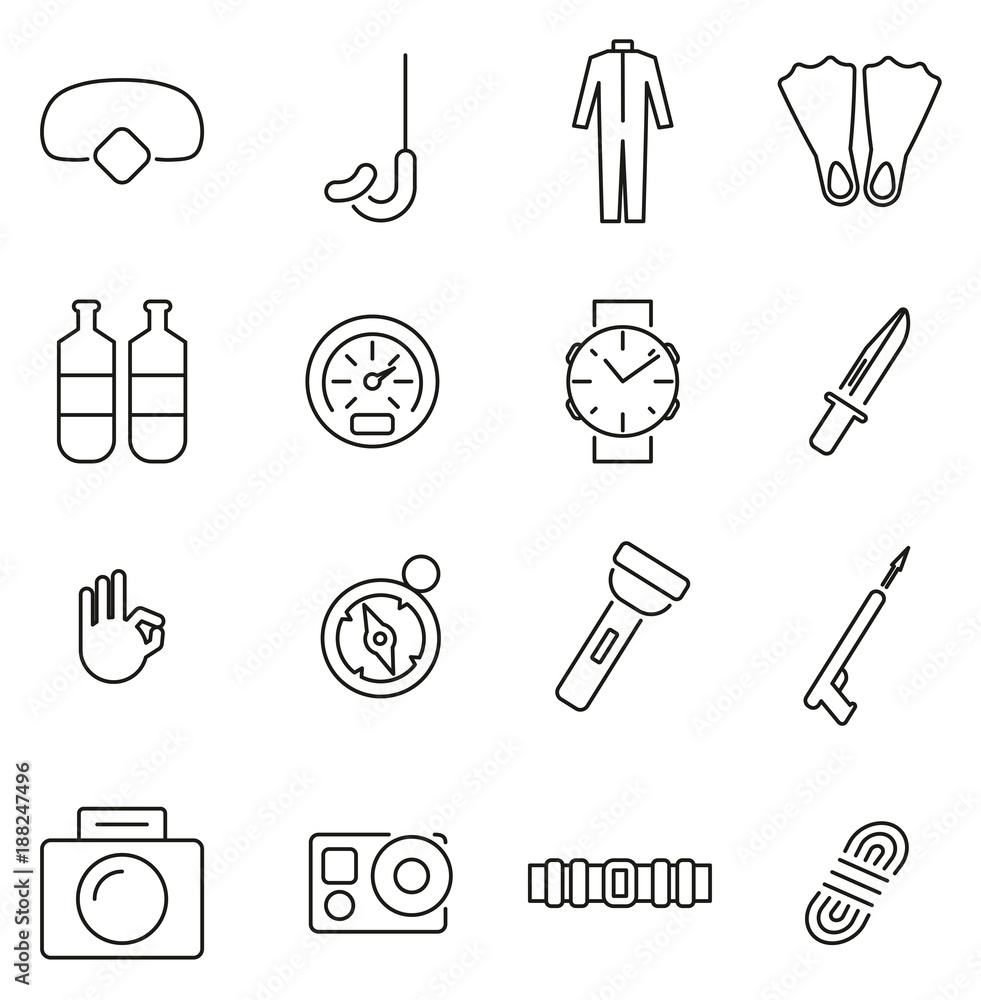 Diver & Underwater Diving Gear Icons Thin Line Vector Illustration Set Diver & Underwater Diving Gear Icons Thin Line Vector Illustration Set