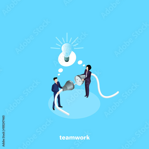a man and a woman in business suits hold a plug and socket, an isometric image