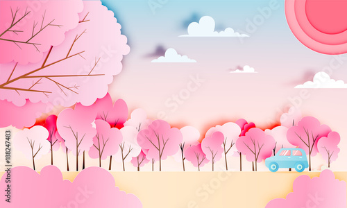 Road trip with car and natural pastel color scheme backgroud