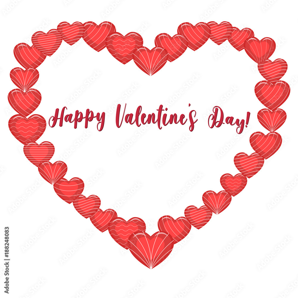 Composition of red hearts in stripes collected in the shape of a heart, greeting card with Valentine's Day.