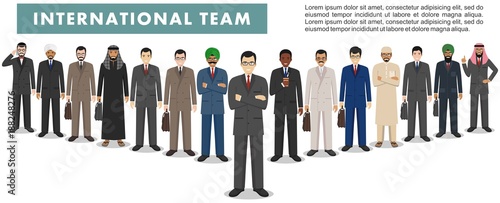 Group of businessmen standing together on white background in flat style. Business team and teamwork concept. Different nationalities and dress styles. Flat design people characters.