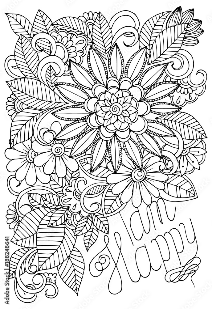 Black and white flower pattern for adult coloring book. Doodle floral ...