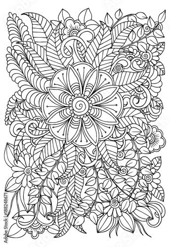 Fototapeta Naklejka Na Ścianę i Meble -  Black and white flower pattern for adult coloring book. Doodle floral drawing. Art therapy coloring page.
