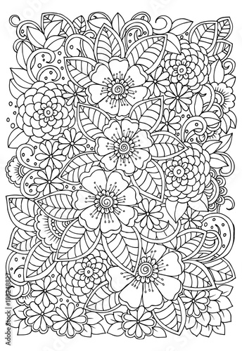 Black and white flower pattern for adult coloring book. Doodle floral drawing. Art therapy coloring page.