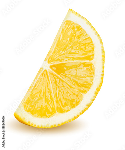 Ripe slice of yellow lemon citrus fruit stand isolated on white background. Lemon citrus fruit wedge with clipping path