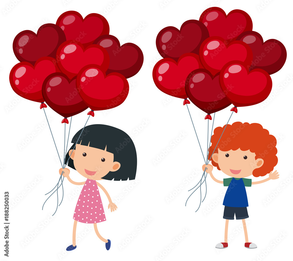 Boy and girl with balloons shape of hearts Boy and girl with balloons shape of hearts