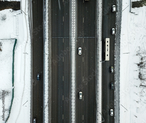 Aerial view of winter snowy road in Moscow