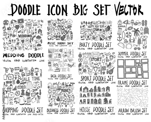 MEGA set of doodles vector. Collection of Wedding, Music, Party, Summer, Shopping, Data, Sport, Frame, Business, House, Arrow eps10