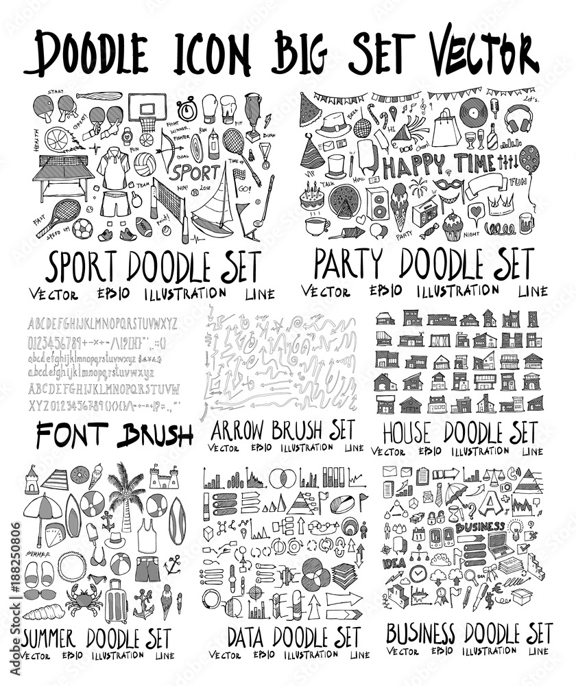 MEGA set of doodles vector. Collection of Data, Arrow, Party, Summer, House, Business, Shopping, Sport eps10
