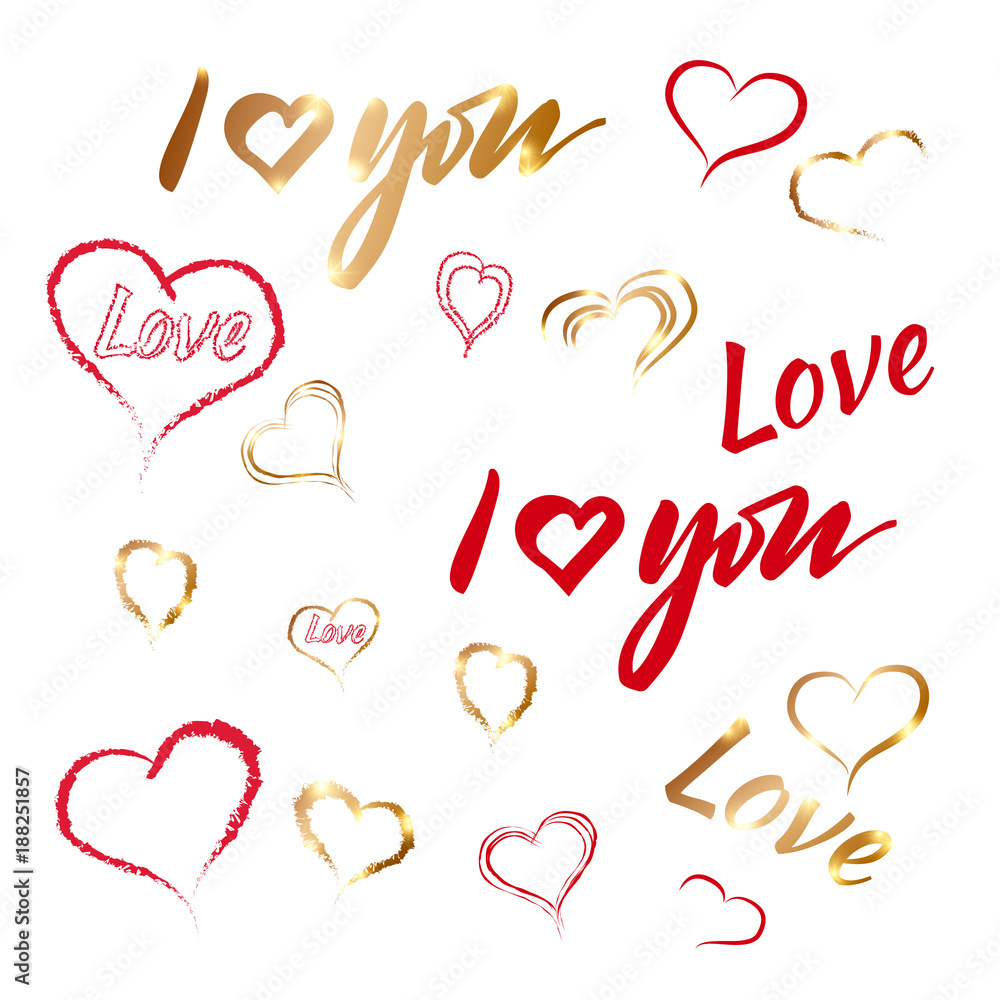 Valentines Day hearts and I Love You lettering-vector icons,elements for romantic gift,background,card invitation,postcard,wedding celebration.Beautiful calligraphy in red,pink,gold colors