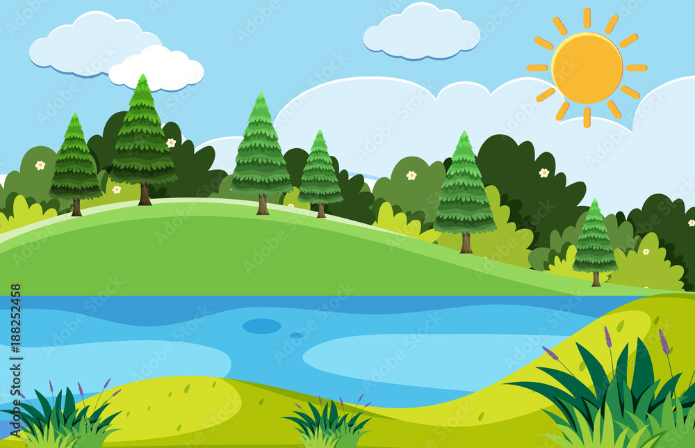 Fototapeta premium Pine trees and the lake at day time