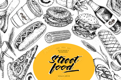Hand drawn fast food banner. Street food bakery. Burger, hot dog, french fries, pizza, coffee, soda, bagel, donut, waffels engraved vector illustration. restaurant, menu, street food, flyer, poster