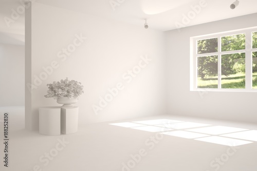 White empty room with summer landscape in window. Scandinavian interior design. 3D illustration