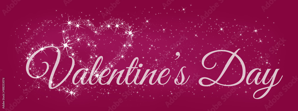 Valentine's Day lettering on a pink background with two connected hearts made of shining stars - diamonds