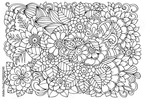 Black and white flower pattern for adult coloring book. Doodle floral drawing. Art therapy coloring page.
