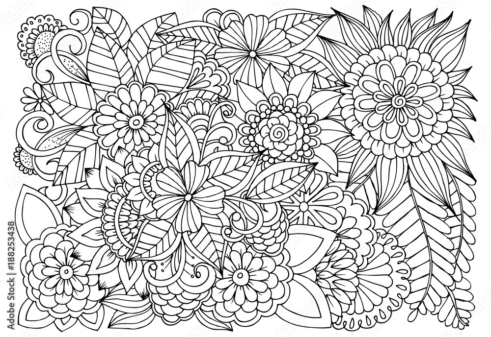 Fototapeta premium Black and white flower pattern for adult coloring book. Doodle floral drawing. Art therapy coloring page.