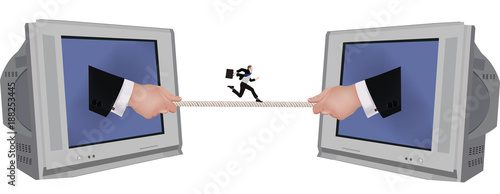 televisioni e persona che corre sulla corda